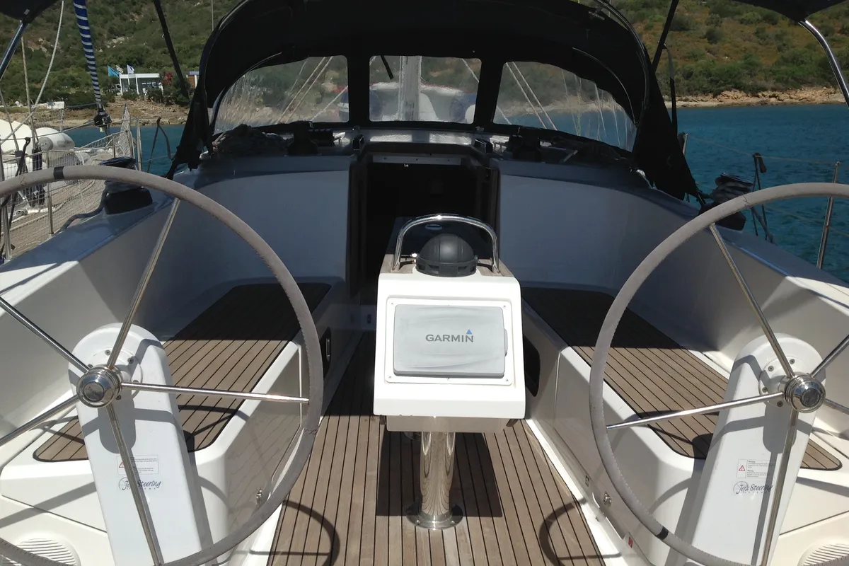 Cockpit of Sheratan, a Bavaria Cruiser 41 sailboat at Olbia, Italy