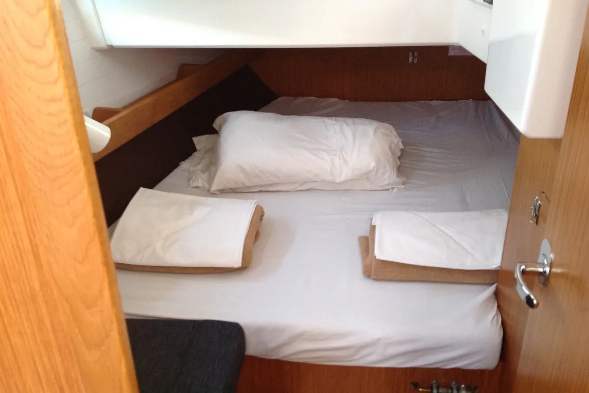 Cabin on Sheratan, a Bavaria Cruiser 41 sailboat at Olbia, Italy