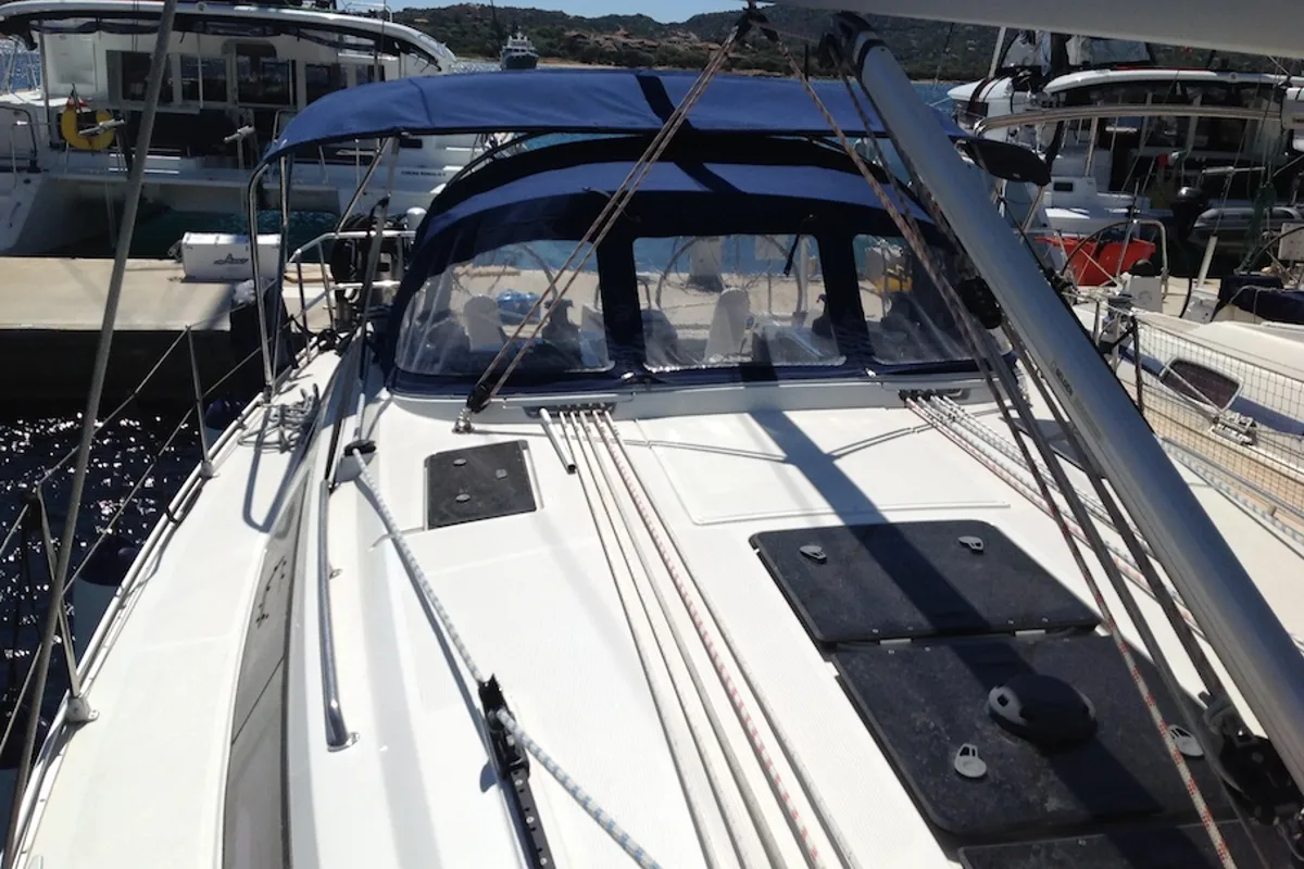 Deck of Sheratan, a Bavaria Cruiser 41 sailboat at Olbia, Italy