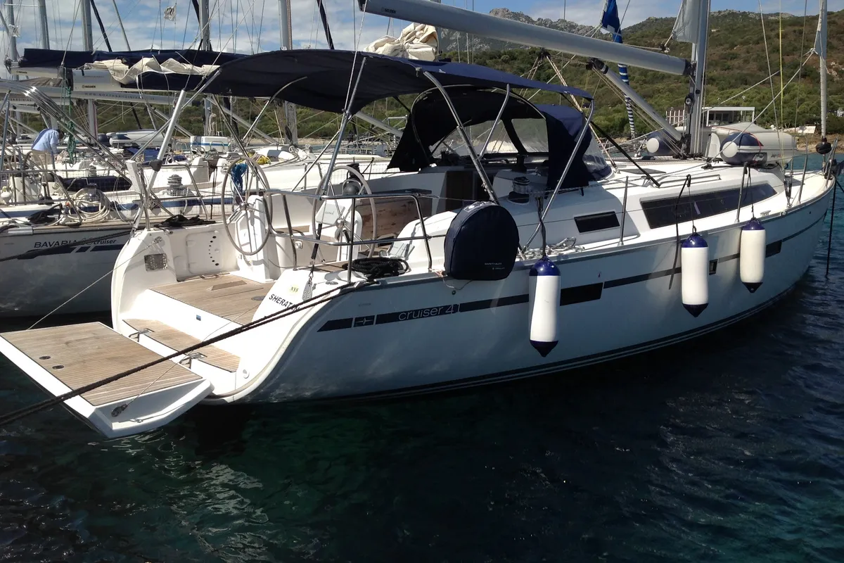 Exterior view of Sheratan, a Bavaria Cruiser 41 sailboat at Olbia, Italy