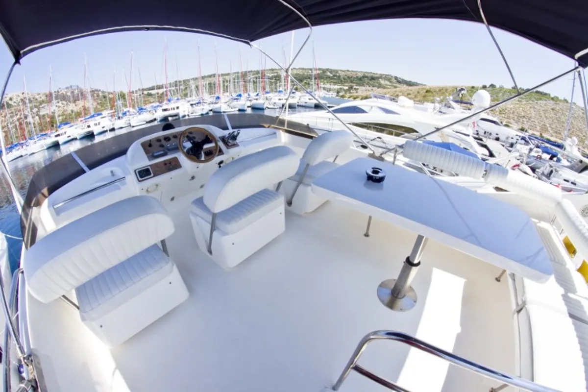 Cockpit of Antares II, a Princess 470 motorboat at Primošten, Croatia