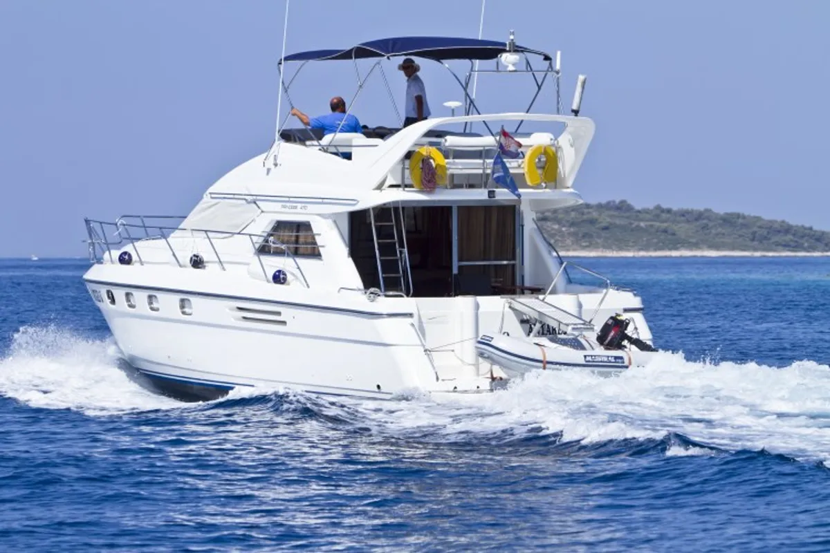 Exterior view of Antares II, a Princess 470 motorboat at Primošten, Croatia