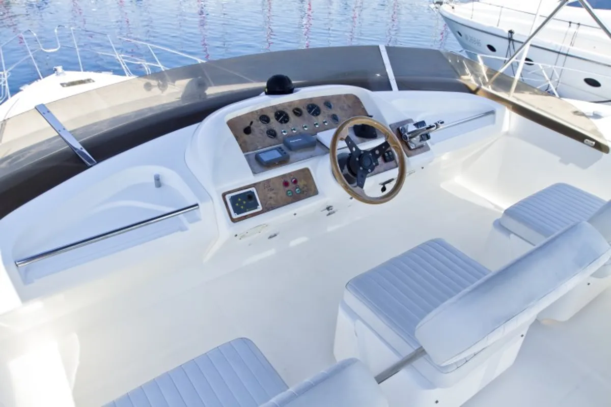 Cockpit of Antares II, a Princess 470 motorboat at Primošten, Croatia