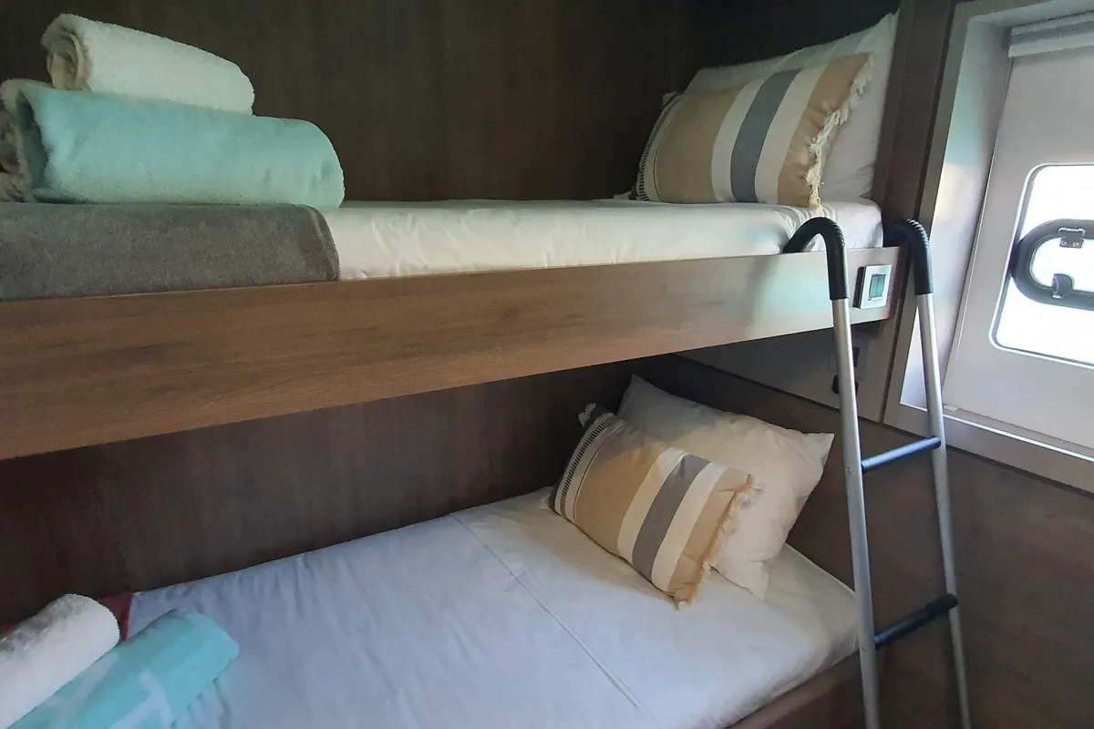 Cabin on Martinon, a Bali 4.8 catamaran at Port d'Andratx, Spain