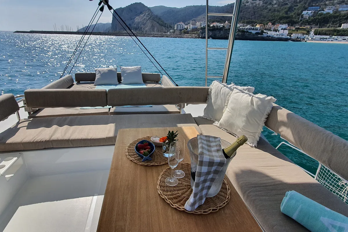 Deck of Martinon, a Bali 4.8 catamaran at Port d'Andratx, Spain