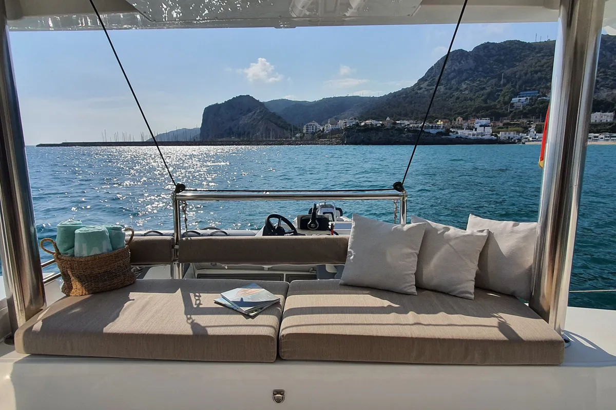 Deck of Martinon, a Bali 4.8 catamaran at Port d'Andratx, Spain