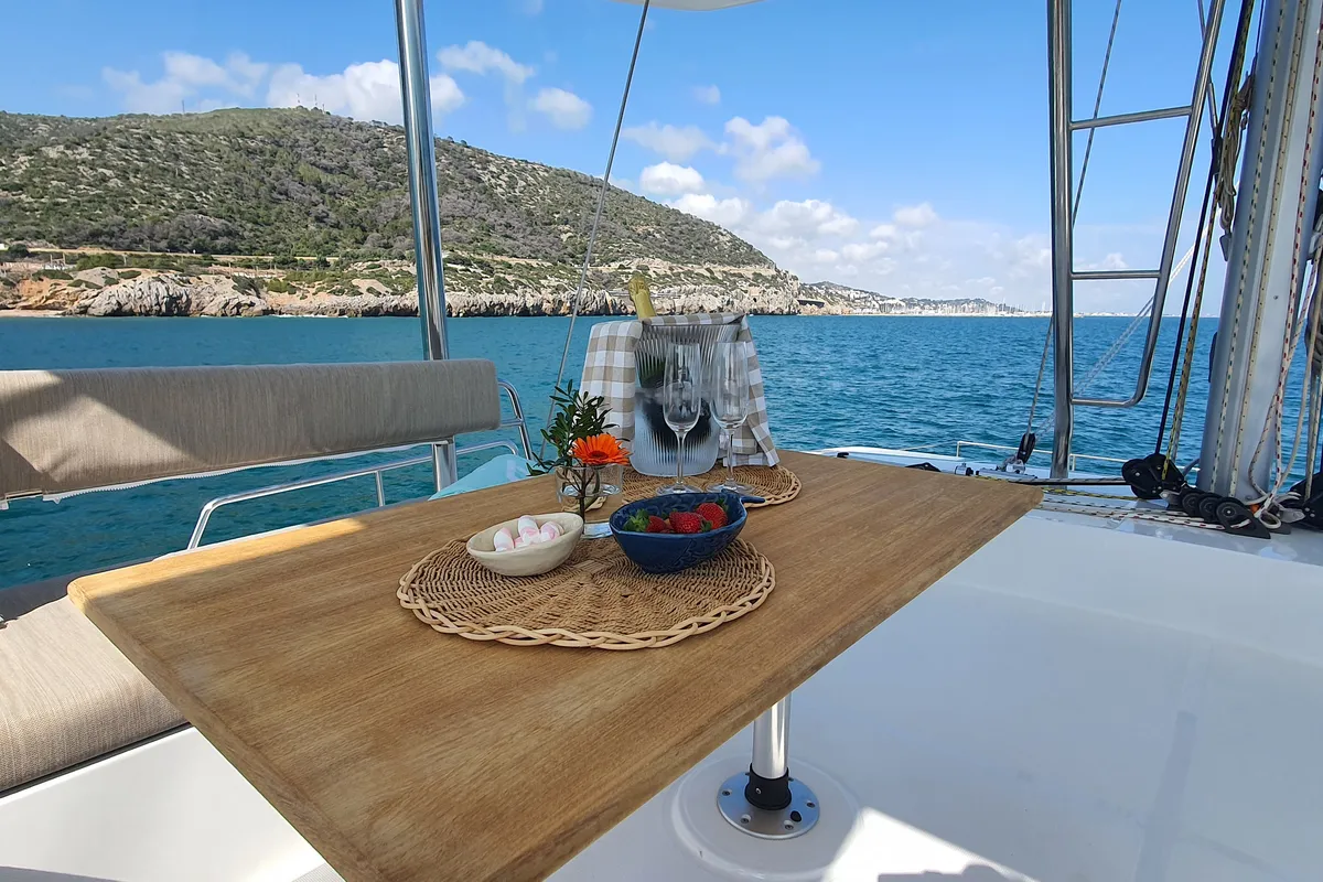 Deck of Martinon, a Bali 4.8 catamaran at Port d'Andratx, Spain