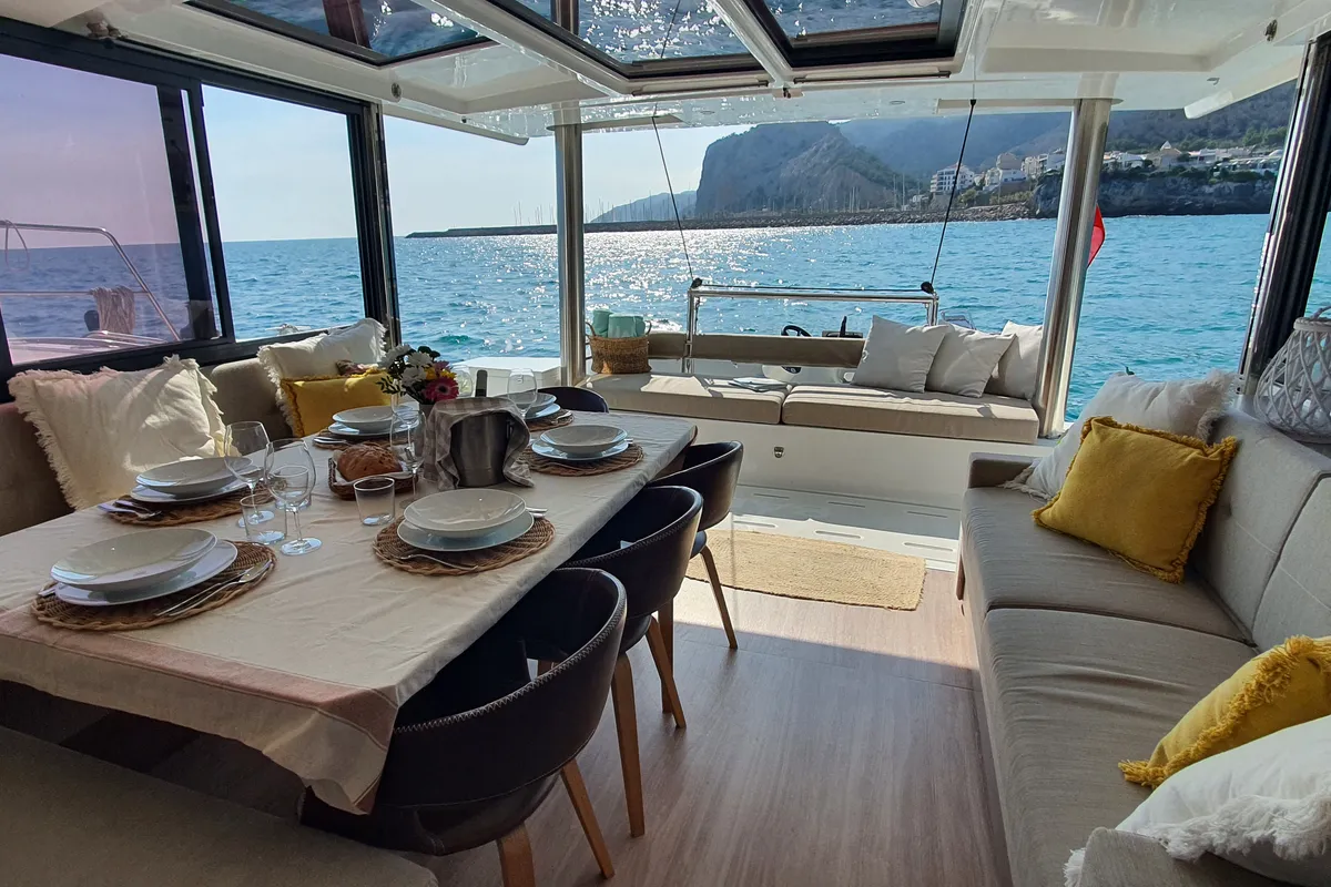 Salon of Martinon, a Bali 4.8 catamaran at Port d'Andratx, Spain