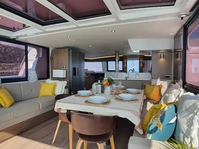 Salon of Martinon, a Bali 4.8 catamaran at Port d'Andratx, Spain