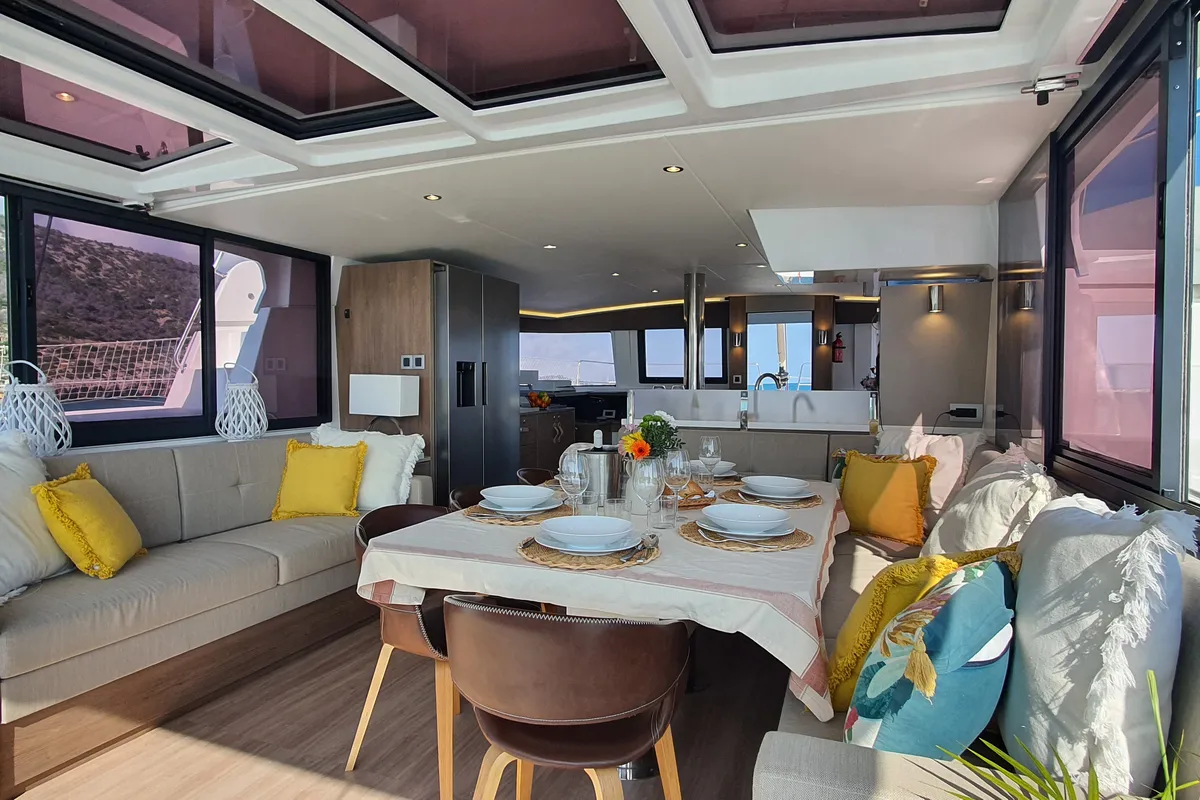 Salon of Martinon, a Bali 4.8 catamaran at Port d'Andratx, Spain