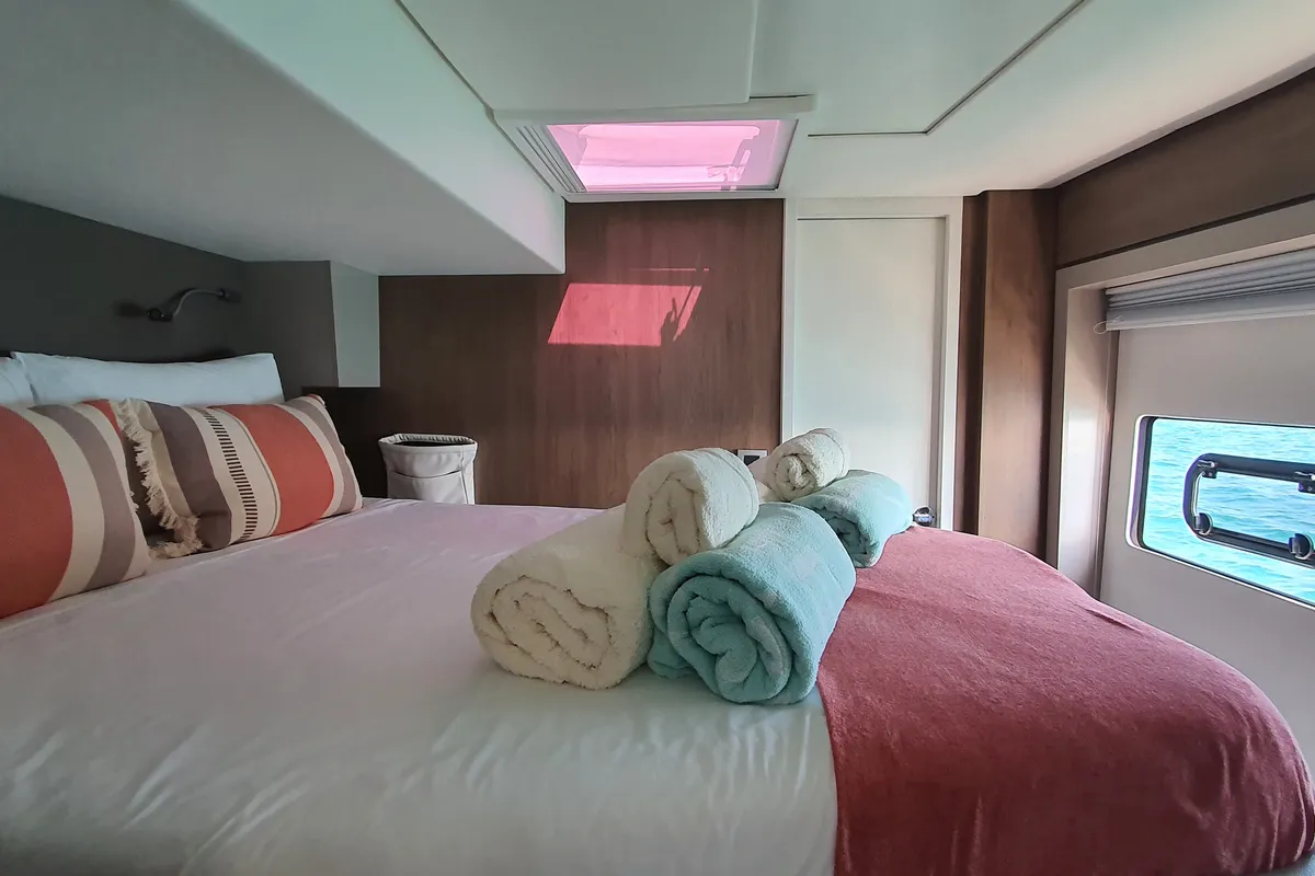 Cabin on Martinon, a Bali 4.8 catamaran at Port d'Andratx, Spain