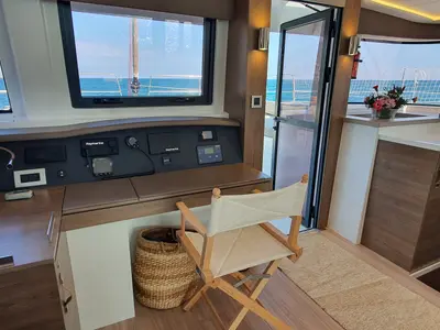 Cockpit of Martinon, a Bali 4.8 catamaran at Port d'Andratx, Spain