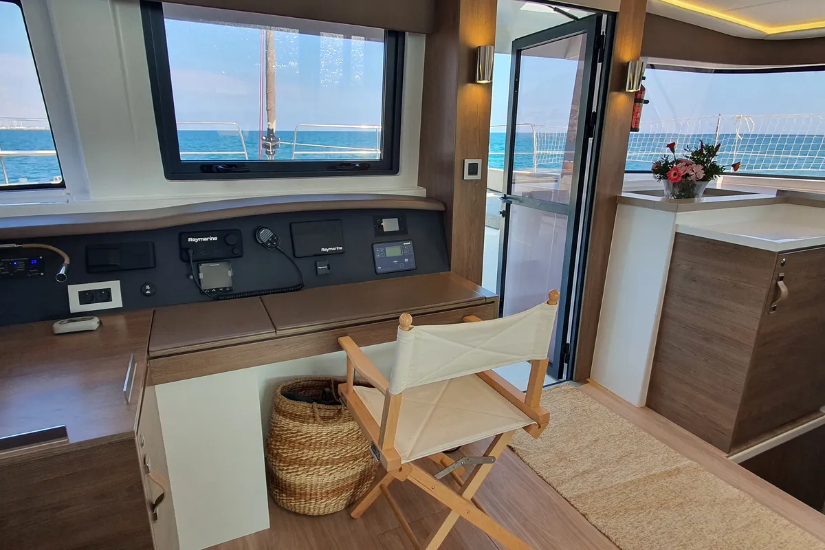 Cockpit of Martinon, a Bali 4.8 catamaran at Port d'Andratx, Spain