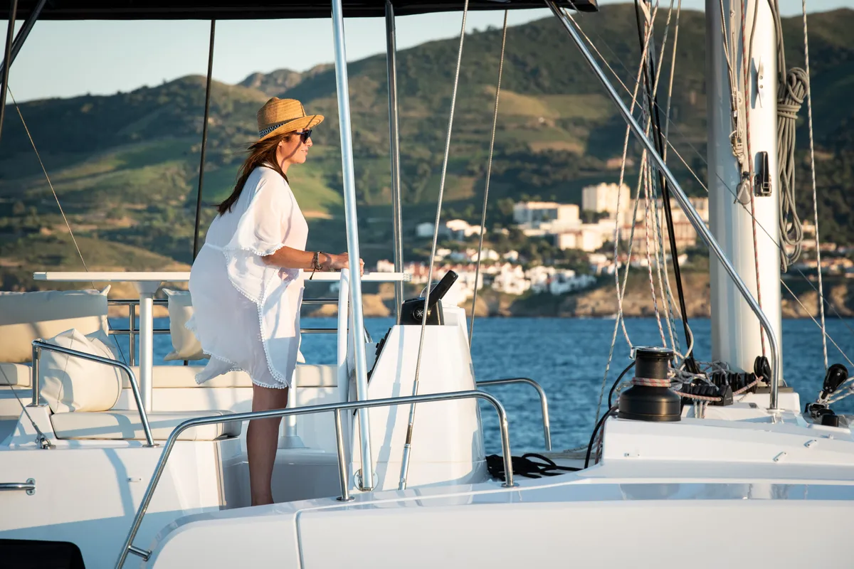 Cockpit of Martinon, a Bali 4.8 catamaran at Port d'Andratx, Spain