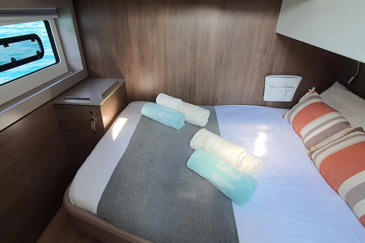 Cabin on Martinon, a Bali 4.8 catamaran at Port d'Andratx, Spain
