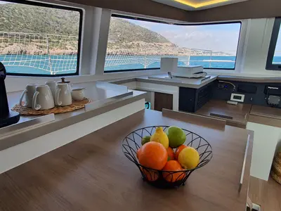 Galley of Martinon, a Bali 4.8 catamaran at Port d'Andratx, Spain