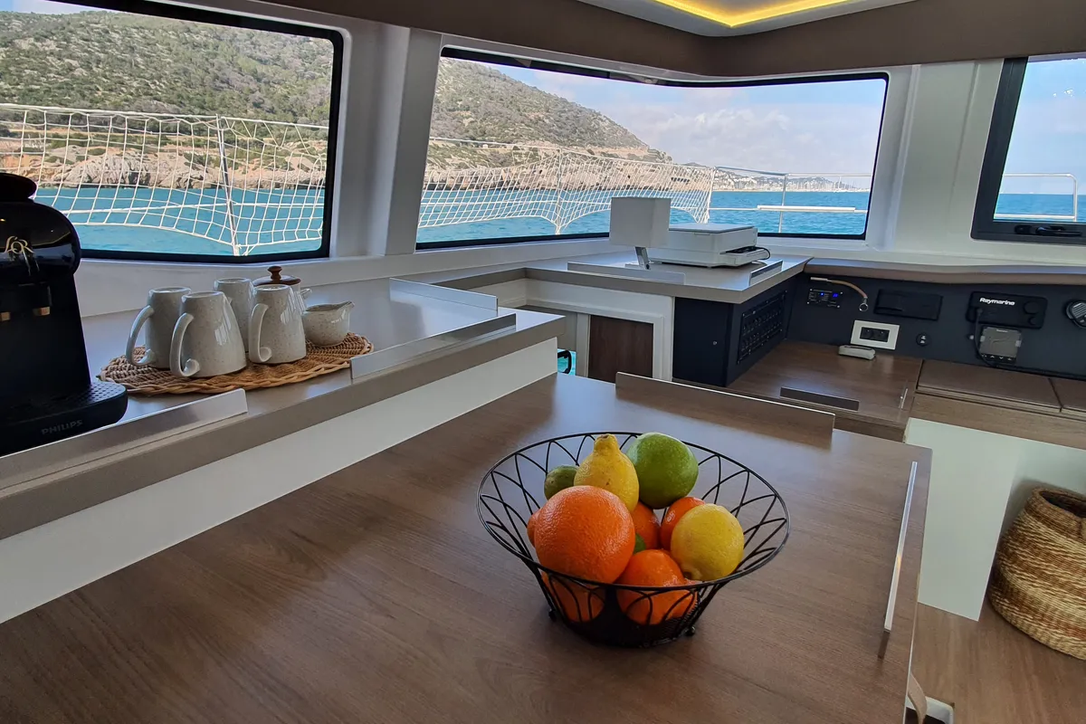 Galley of Martinon, a Bali 4.8 catamaran at Port d'Andratx, Spain