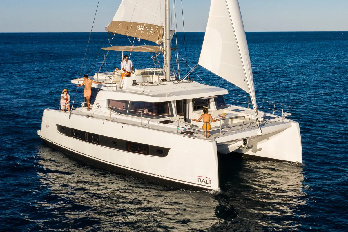 Exterior view of Martinon, a Bali 4.8 catamaran at Port d'Andratx, Spain