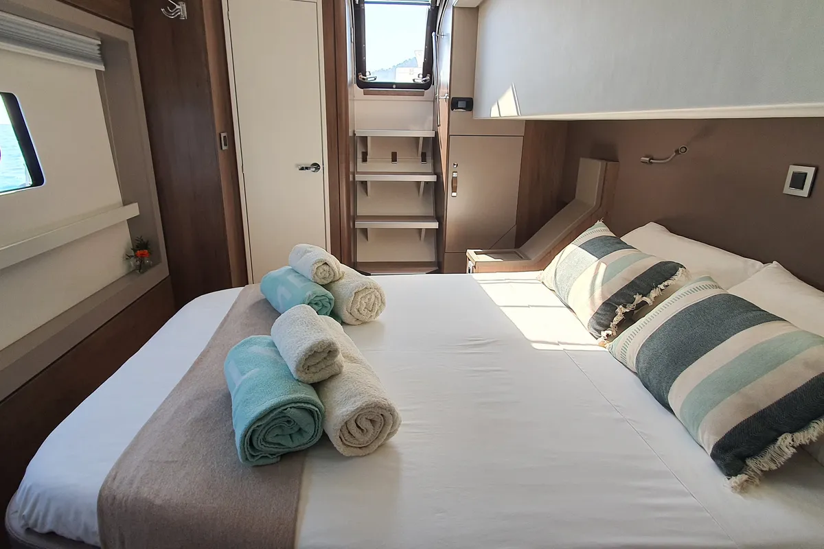 Cabin on Martinon, a Bali 4.8 catamaran at Port d'Andratx, Spain