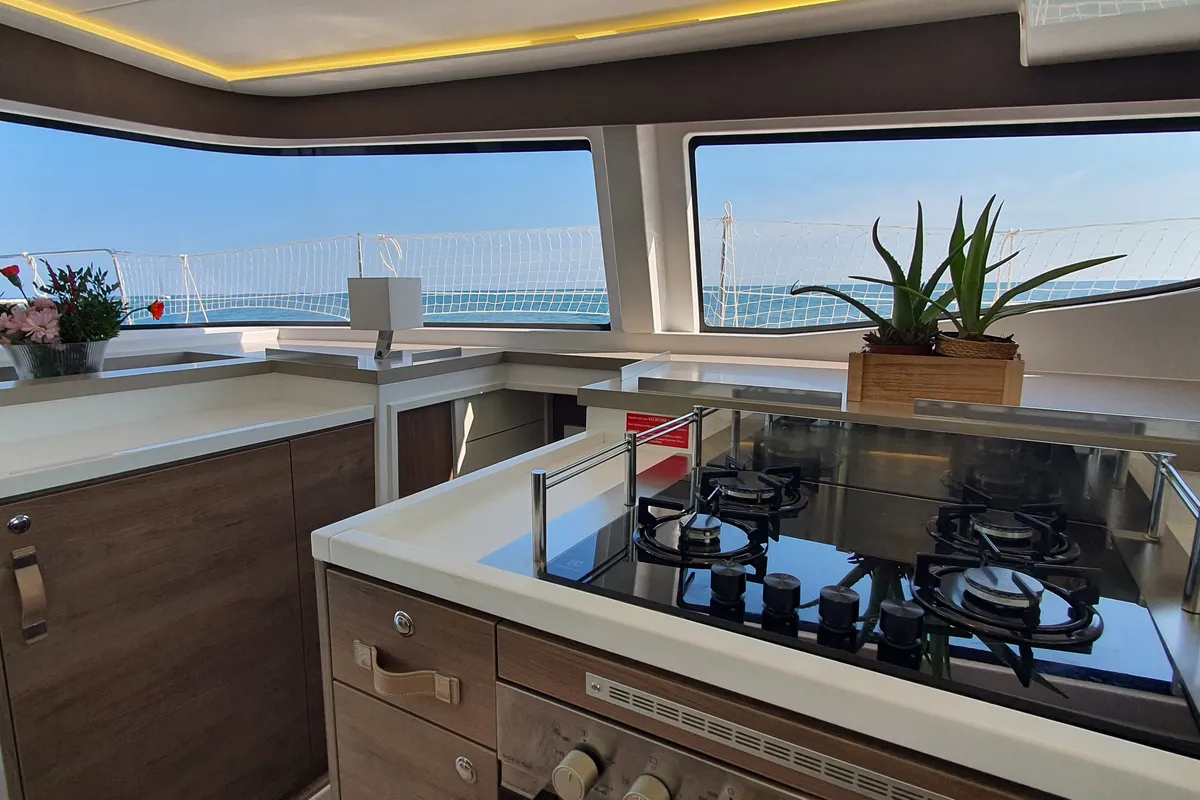 Galley of Martinon, a Bali 4.8 catamaran at Port d'Andratx, Spain