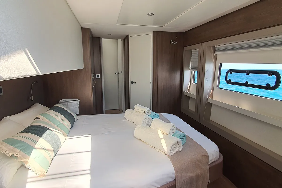 Cabin on Martinon, a Bali 4.8 catamaran at Port d'Andratx, Spain