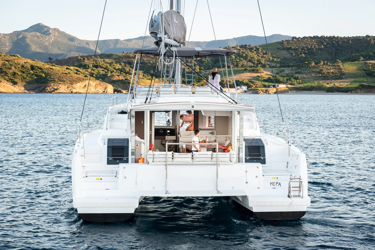 Exterior view of Martinon, a Bali 4.8 catamaran at Port d'Andratx, Spain