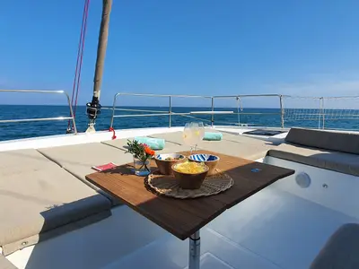 Deck of Martinon, a Bali 4.8 catamaran at Port d'Andratx, Spain