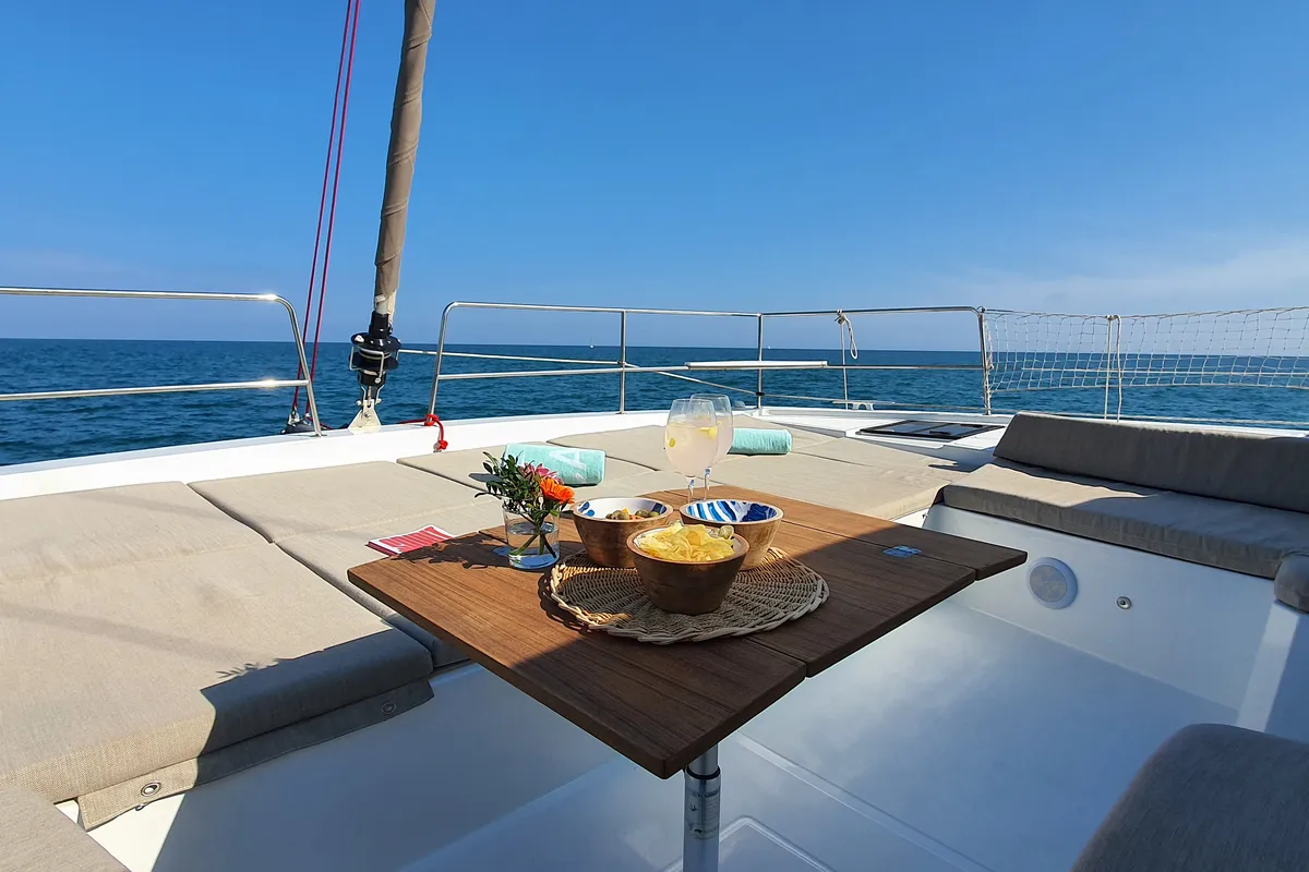 Deck of Martinon, a Bali 4.8 catamaran at Port d'Andratx, Spain
