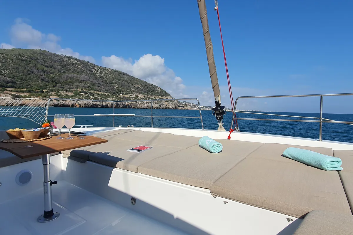 Deck of Martinon, a Bali 4.8 catamaran at Port d'Andratx, Spain