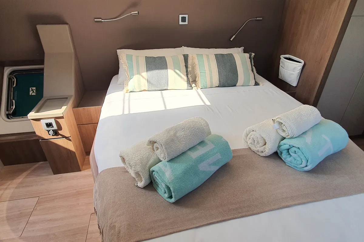 Cabin on Martinon, a Bali 4.8 catamaran at Port d'Andratx, Spain