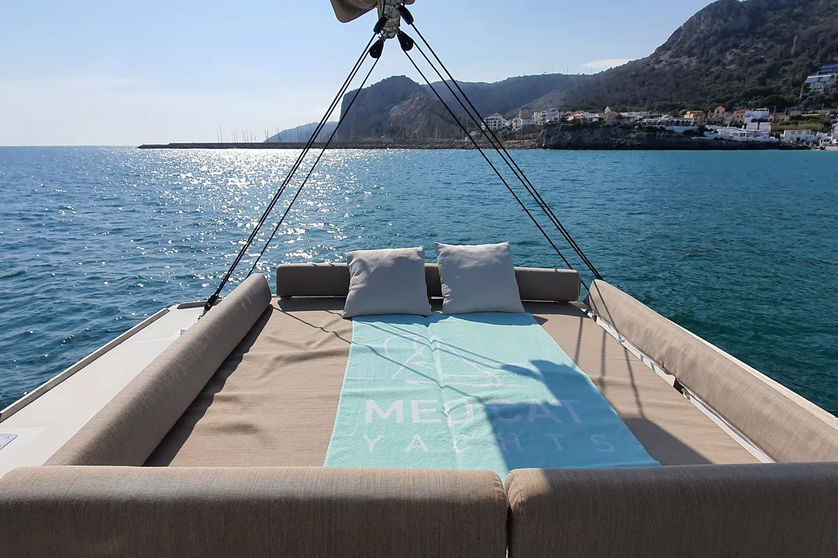 Deck of Martinon, a Bali 4.8 catamaran at Port d'Andratx, Spain
