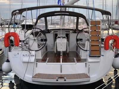 Cockpit of Ekaterina, a Jeanneau Sun Odyssey 519 sailboat at Athens, Marina Delta Kallithea, Greece