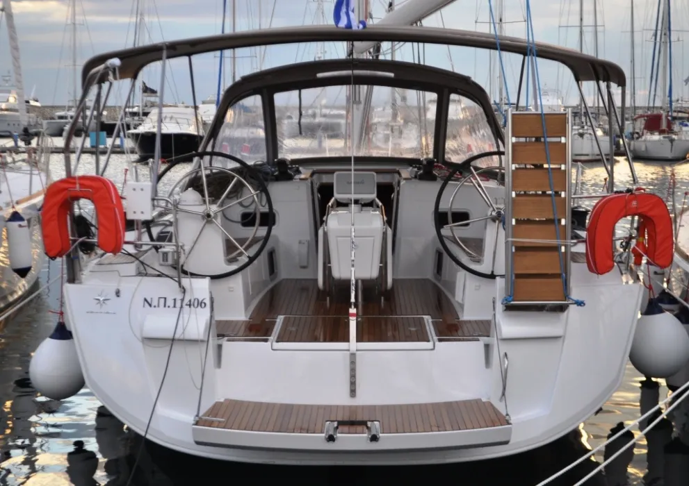 Cockpit of Ekaterina, a Jeanneau Sun Odyssey 519 sailboat at Athens, Marina Delta Kallithea, Greece