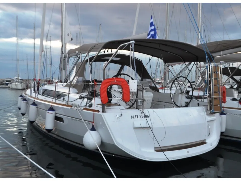 Exterior view of Ekaterina, a Jeanneau Sun Odyssey 519 sailboat at Athens, Marina Delta Kallithea, Greece