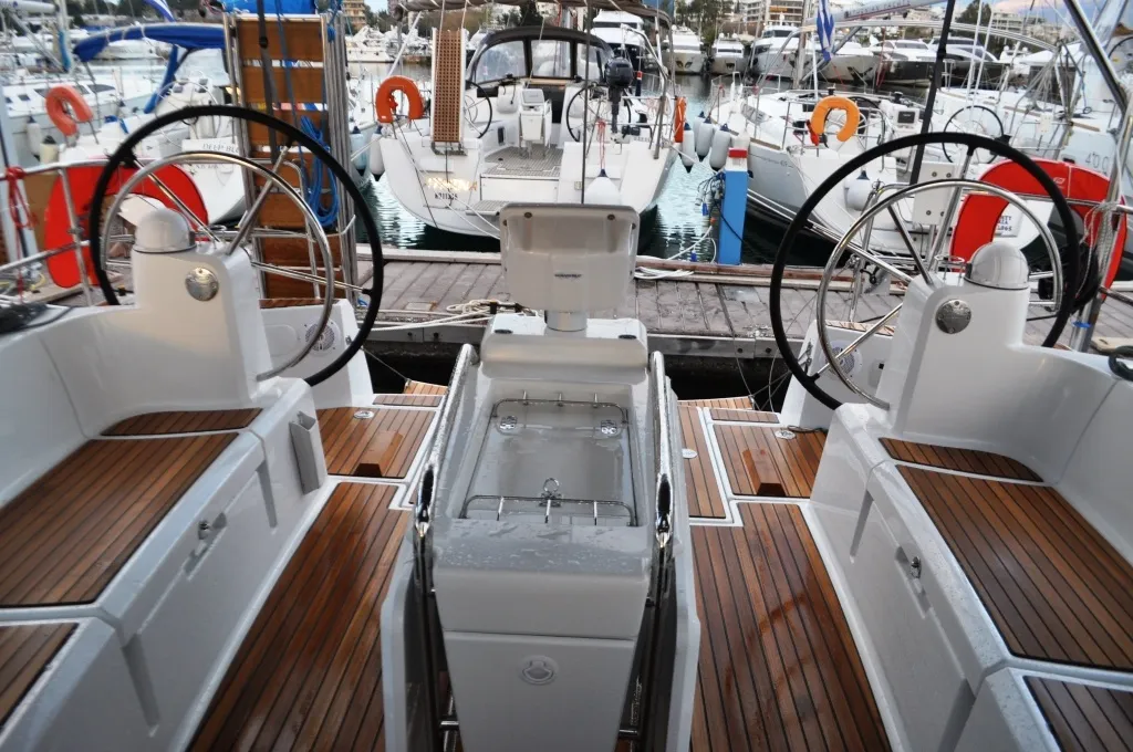 Cockpit of Ekaterina, a Jeanneau Sun Odyssey 519 sailboat at Athens, Marina Delta Kallithea, Greece