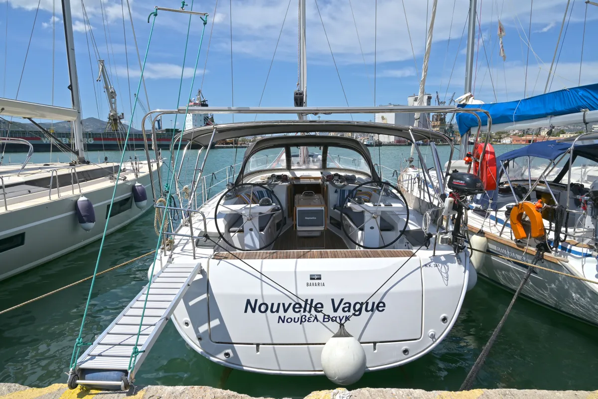 Exterior view of Nouvelle Vague, a Bavaria Cruiser 45 sailboat at Volos, Greece