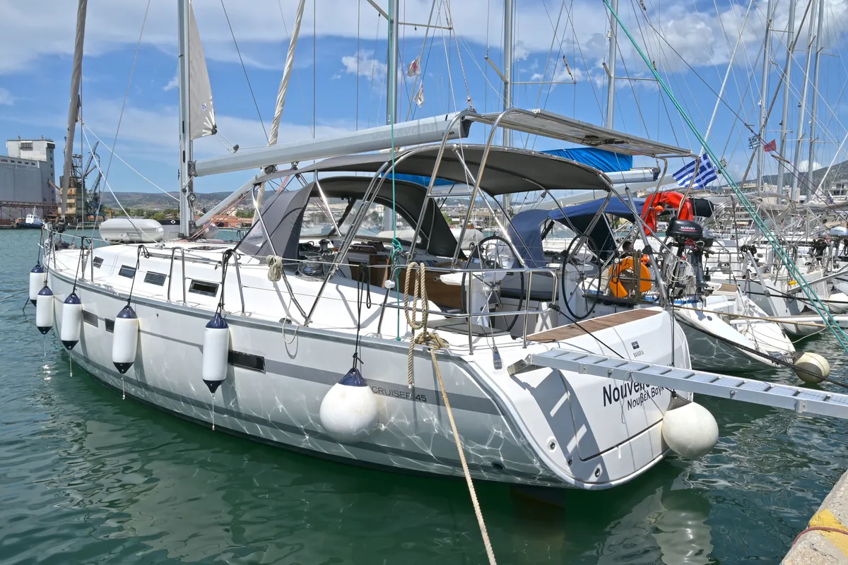 Exterior view of Nouvelle Vague, a Bavaria Cruiser 45 sailboat at Volos, Greece