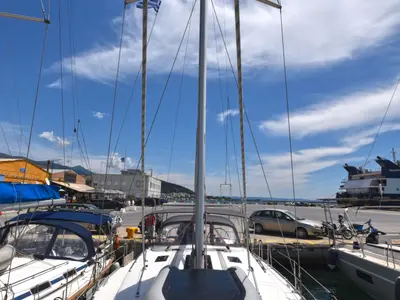 Deck of Nouvelle Vague, a Bavaria Cruiser 45 sailboat at Volos, Greece