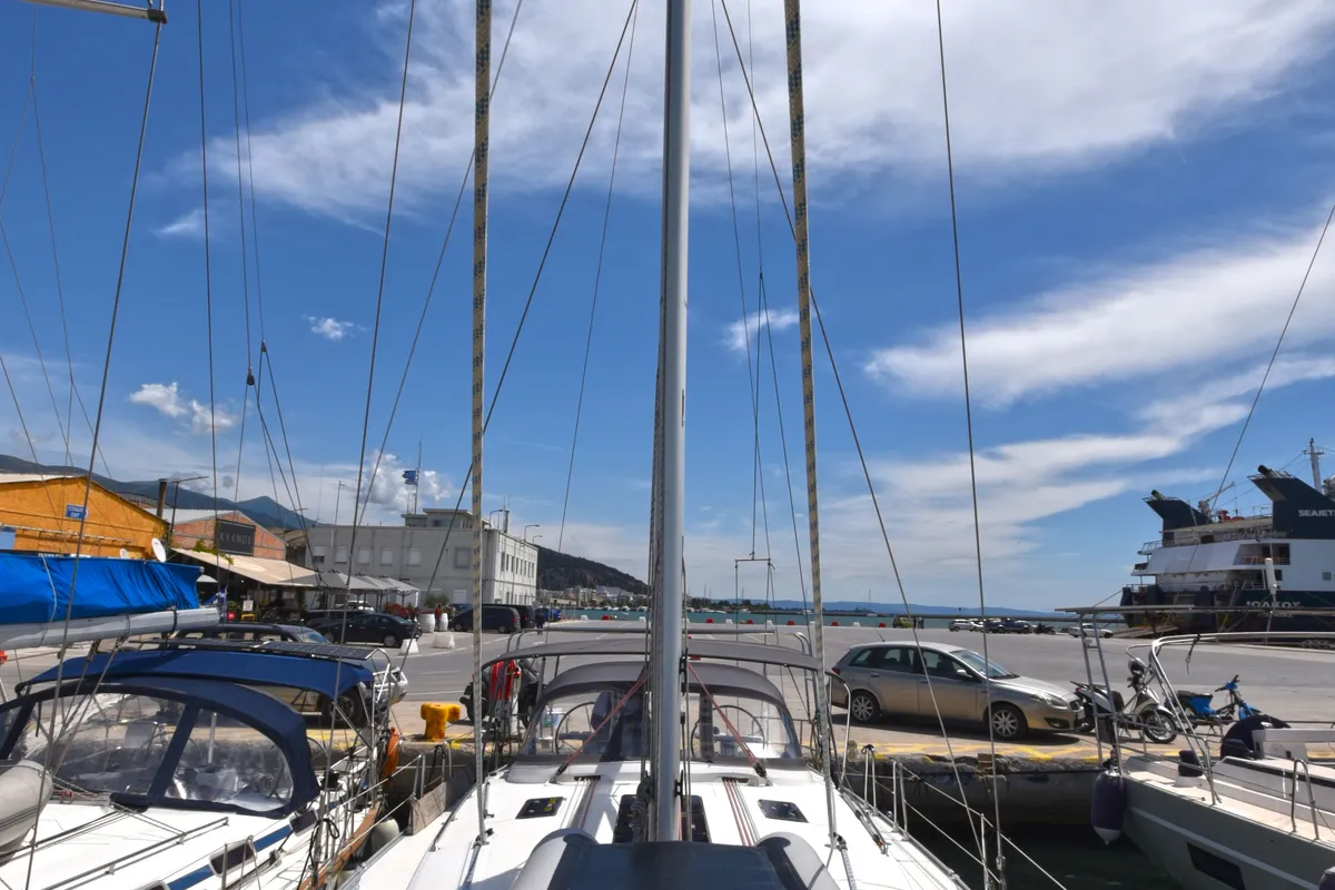 Deck of Nouvelle Vague, a Bavaria Cruiser 45 sailboat at Volos, Greece