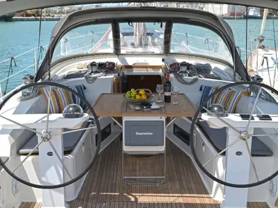 Cockpit of Nouvelle Vague, a Bavaria Cruiser 45 sailboat at Volos, Greece