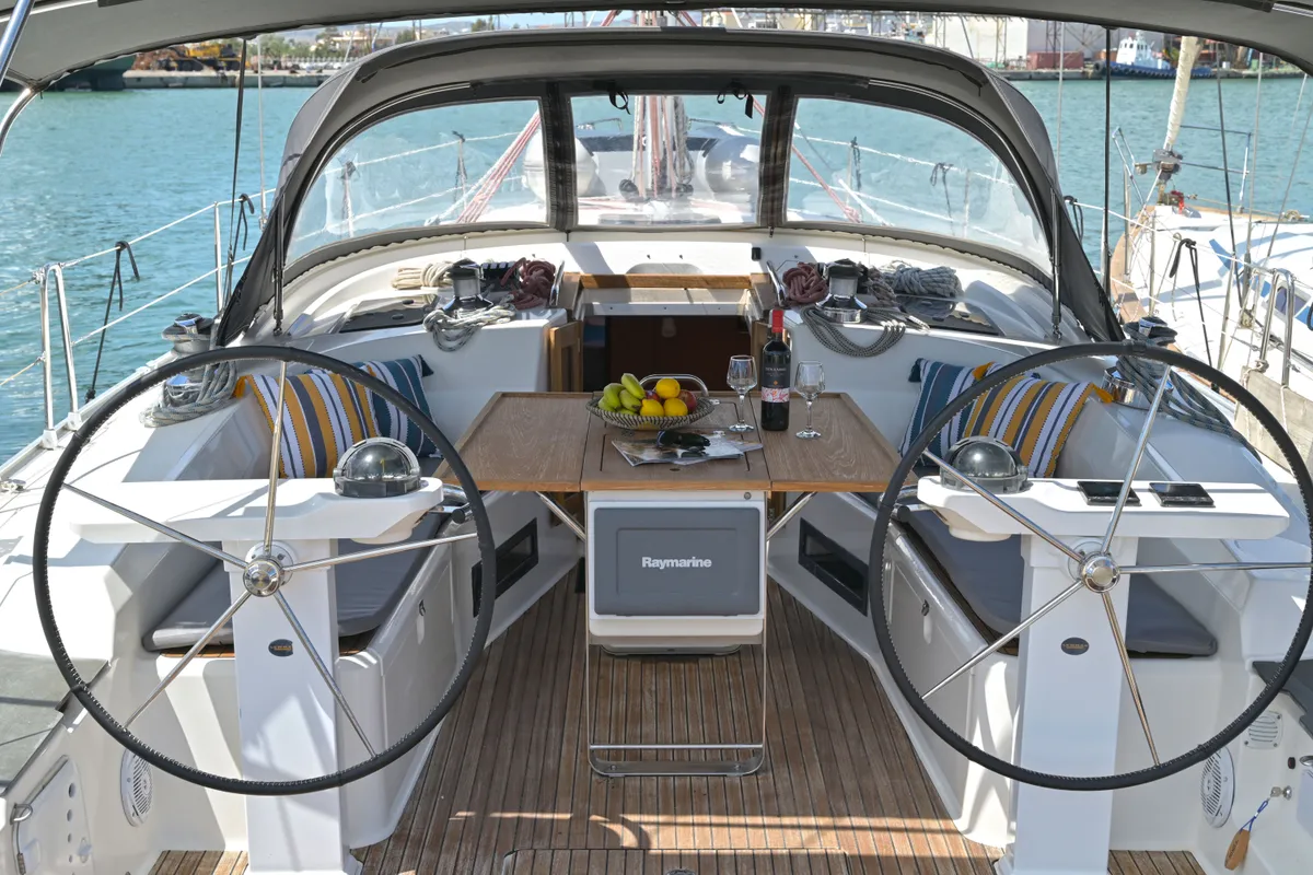 Cockpit of Nouvelle Vague, a Bavaria Cruiser 45 sailboat at Volos, Greece