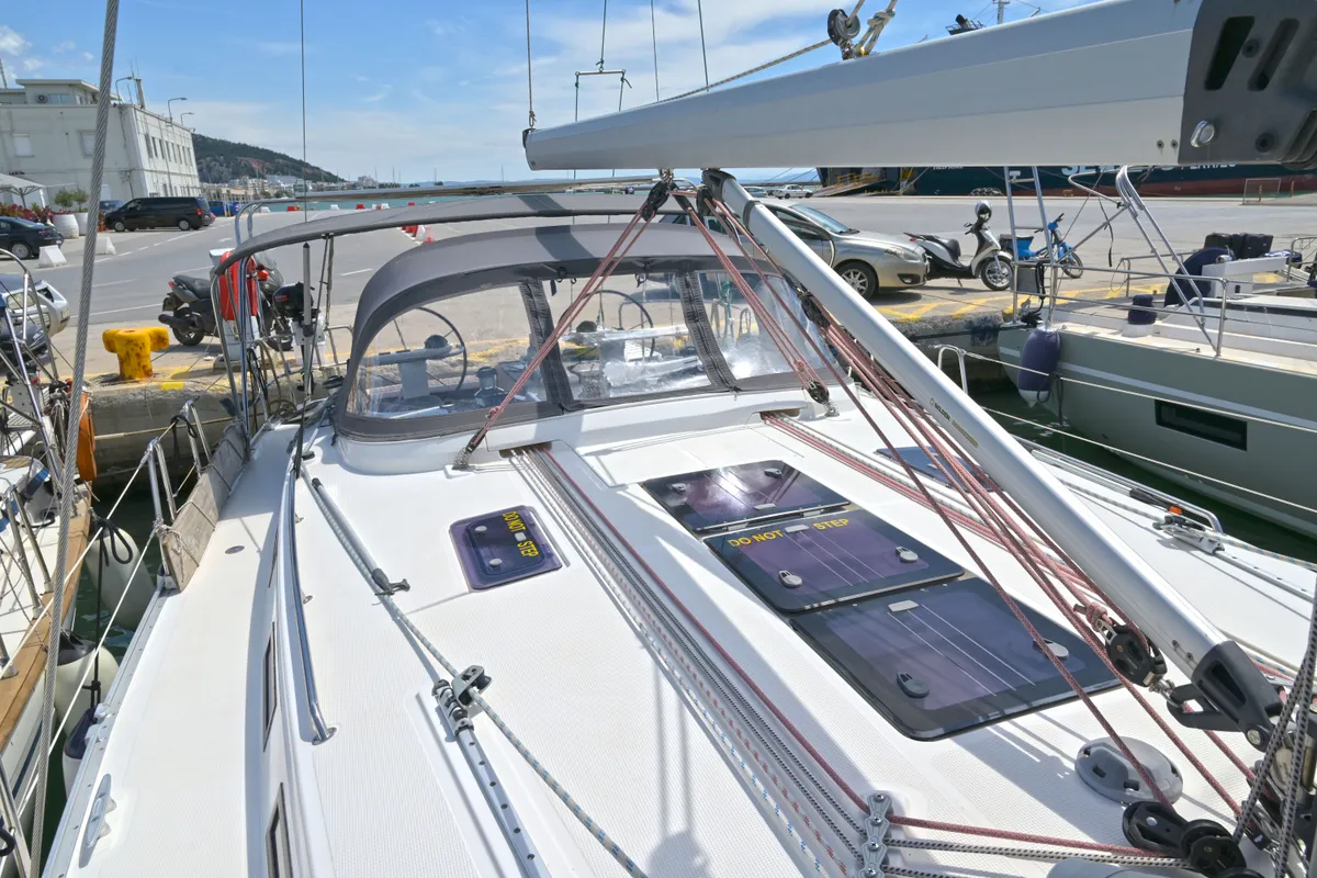 Deck of Nouvelle Vague, a Bavaria Cruiser 45 sailboat at Volos, Greece