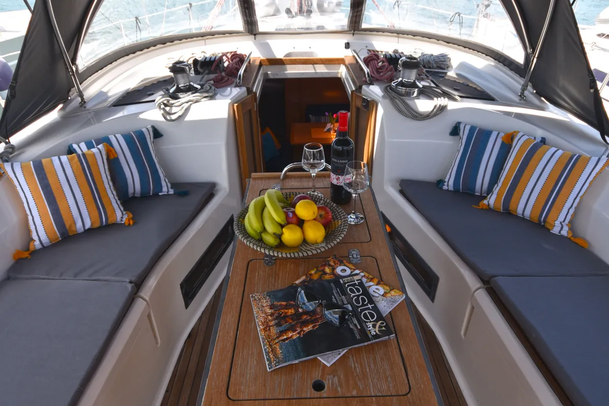 Deck of Nouvelle Vague, a Bavaria Cruiser 45 sailboat at Volos, Greece