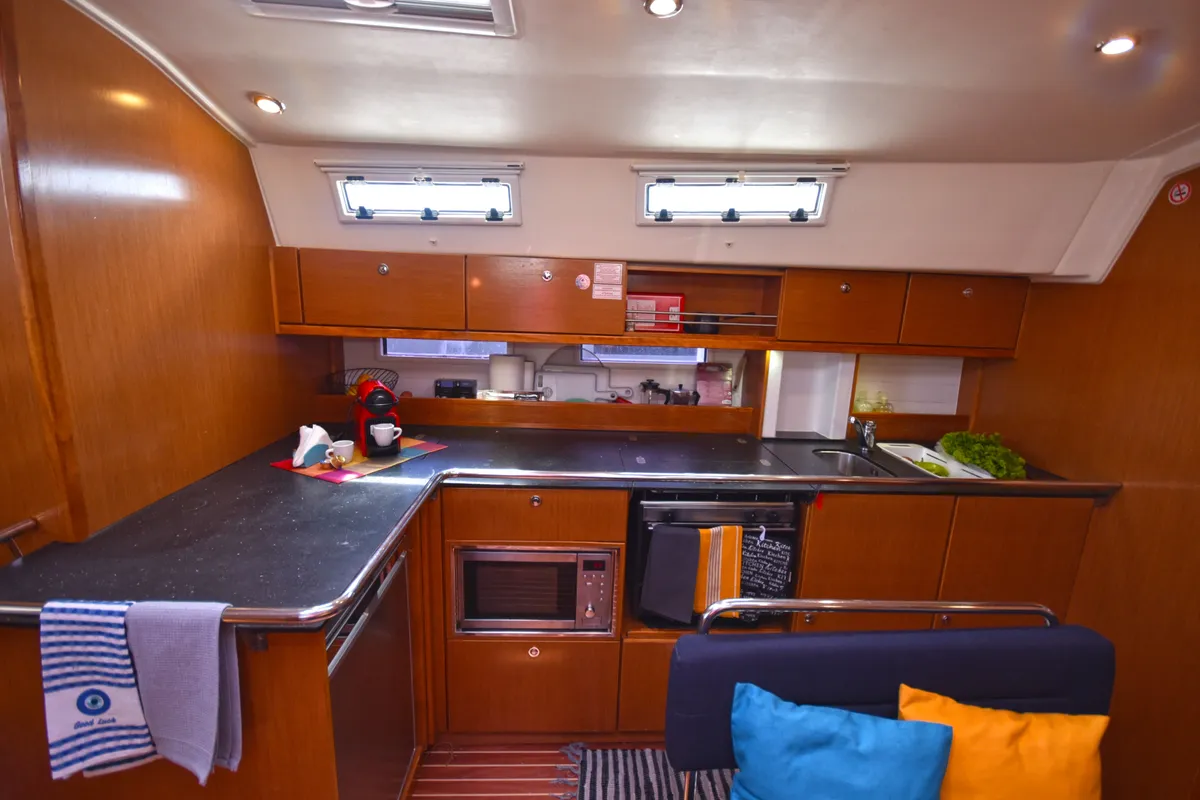 Galley of Nouvelle Vague, a Bavaria Cruiser 45 sailboat at Volos, Greece