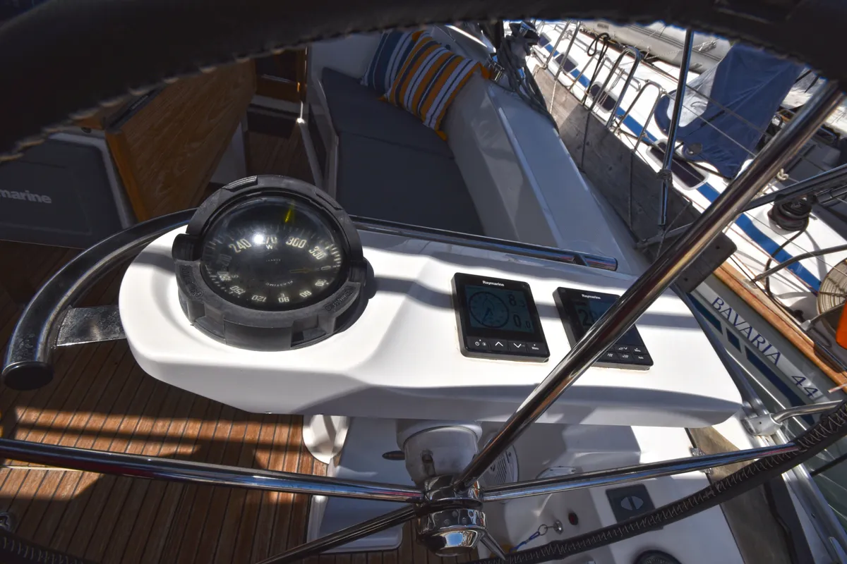 Cockpit of Nouvelle Vague, a Bavaria Cruiser 45 sailboat at Volos, Greece