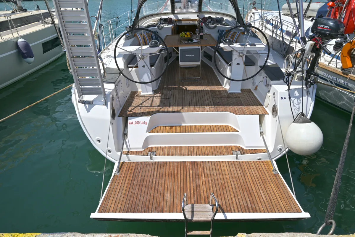 Deck of Nouvelle Vague, a Bavaria Cruiser 45 sailboat at Volos, Greece