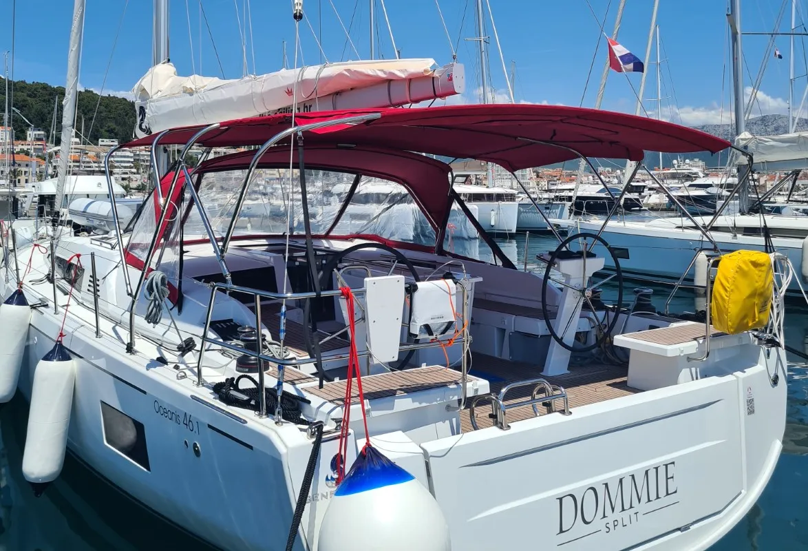 Exterior view of Dommie, a Beneteau Oceanis 46.1 sailboat at Split, Croatia