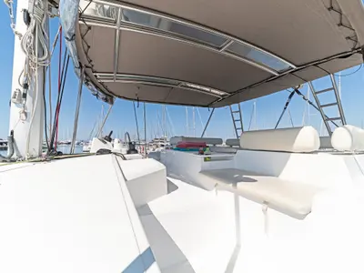Deck of Duende, a Bali Catspace catamaran at Athens, Greece