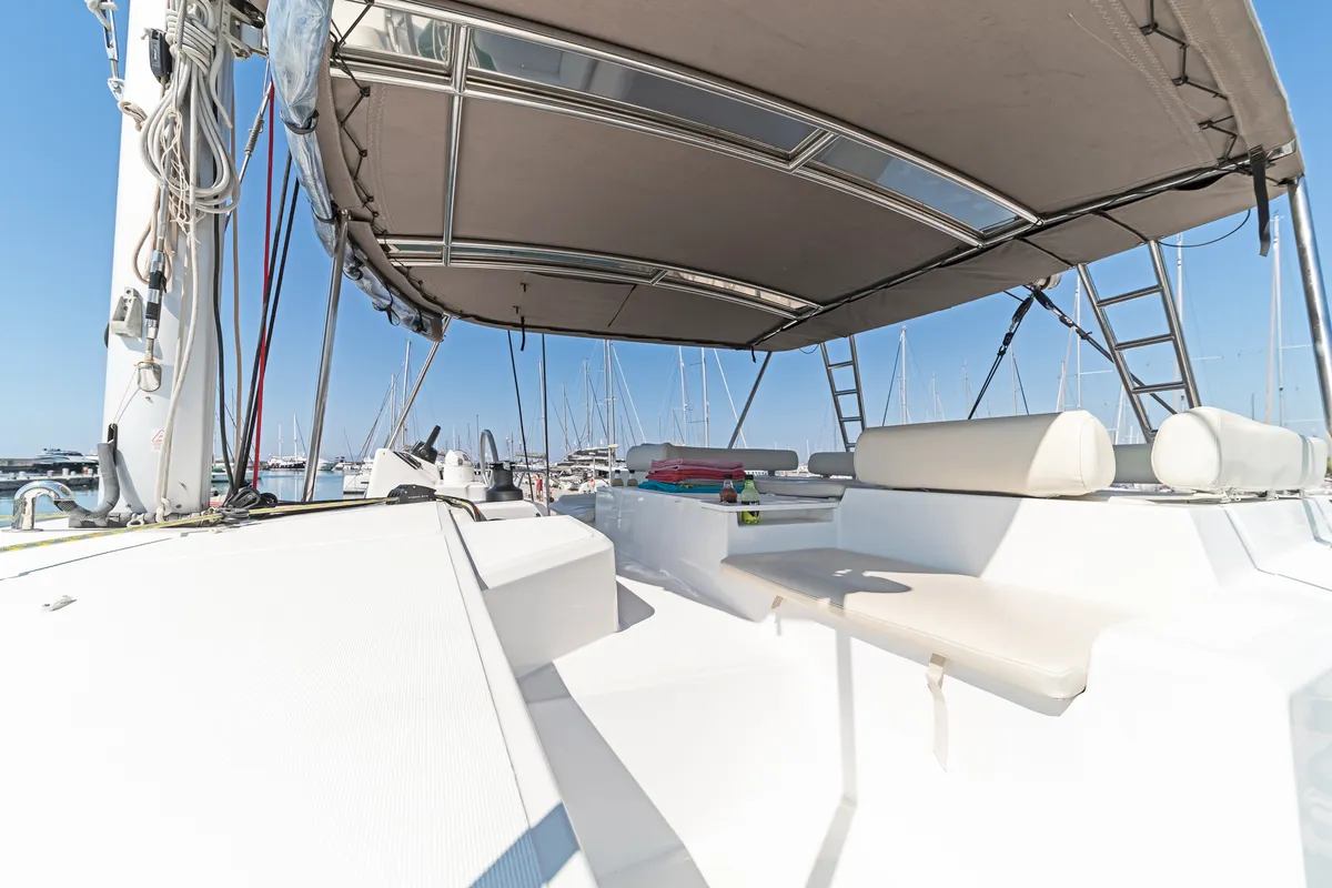 Deck of Duende, a Bali Catspace catamaran at Athens, Greece