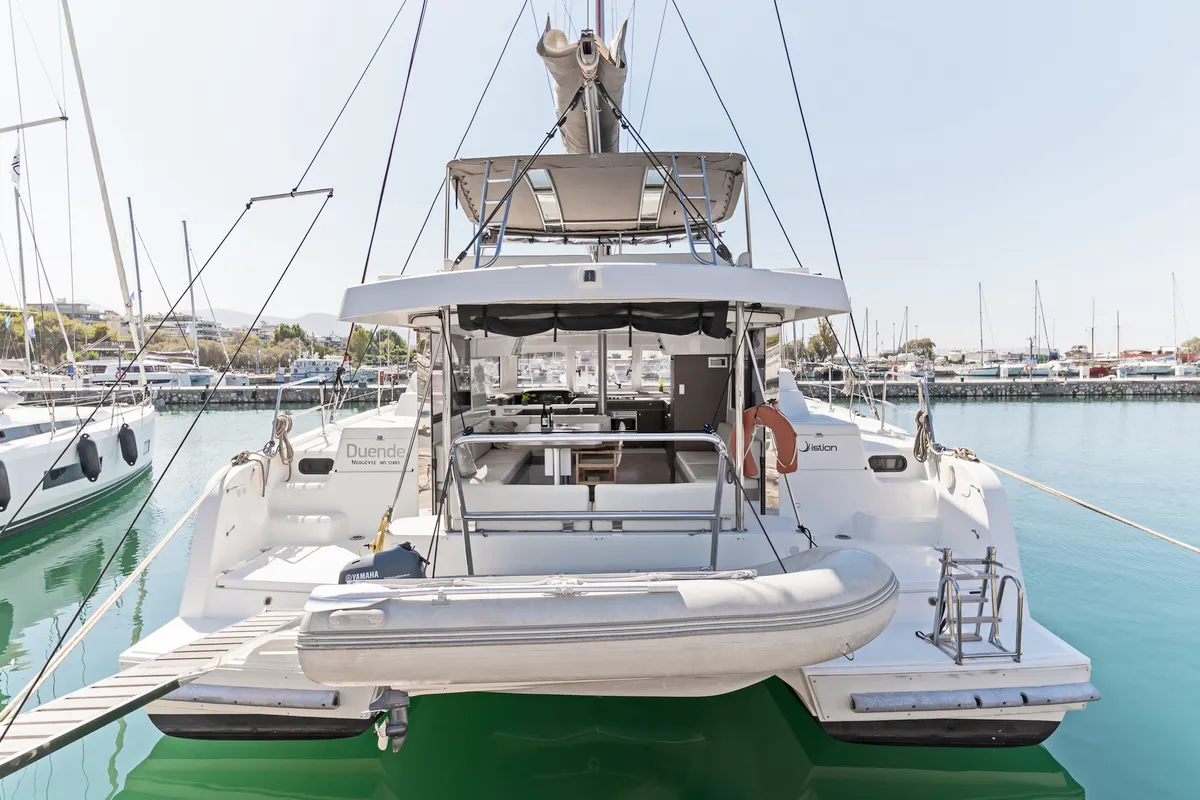 Exterior view of Duende, a Bali Catspace catamaran at Athens, Greece